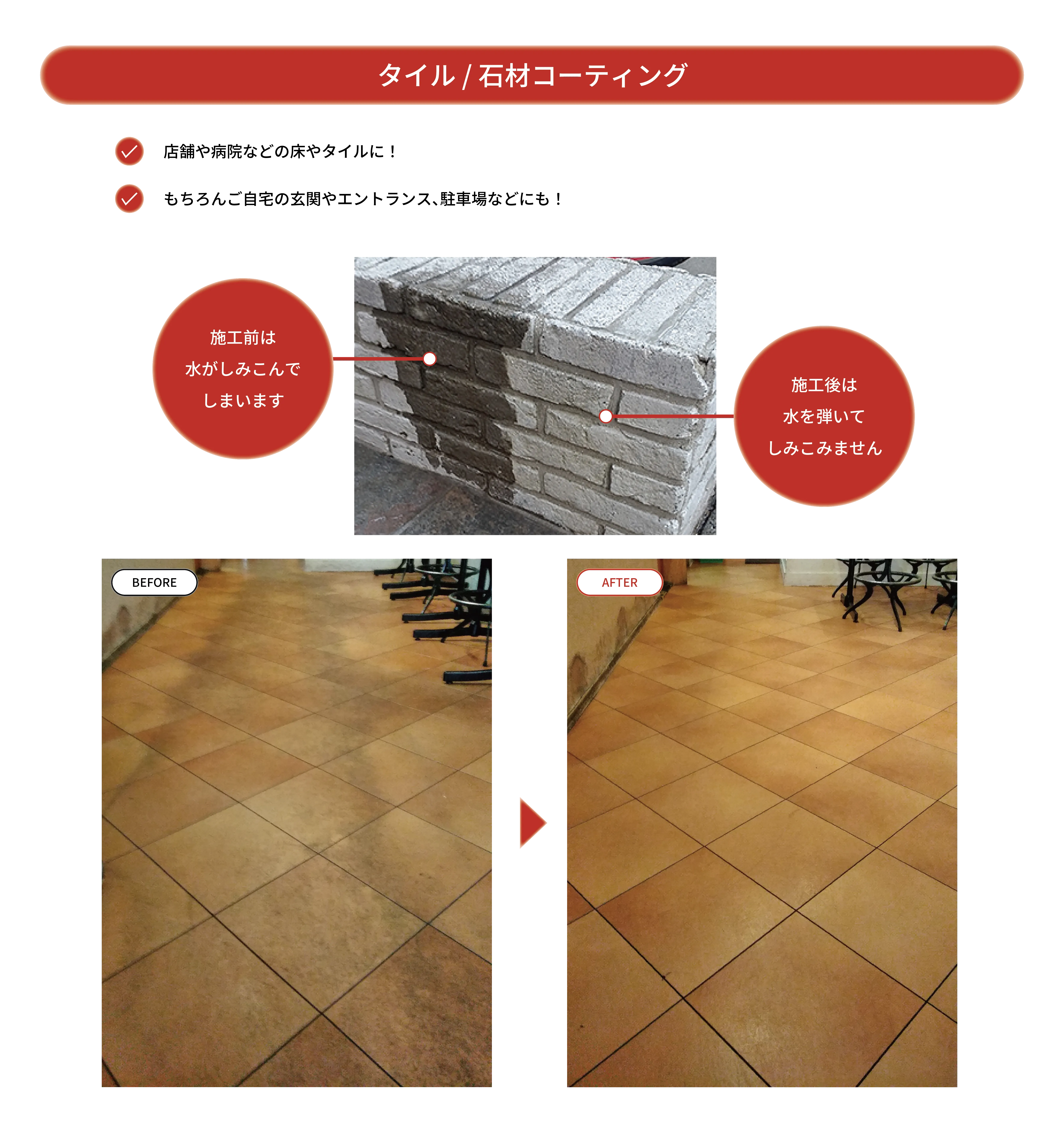 店舗や病院などの床やタイルに！もちろんご自宅の玄関やエントランス、駐車場などにも！