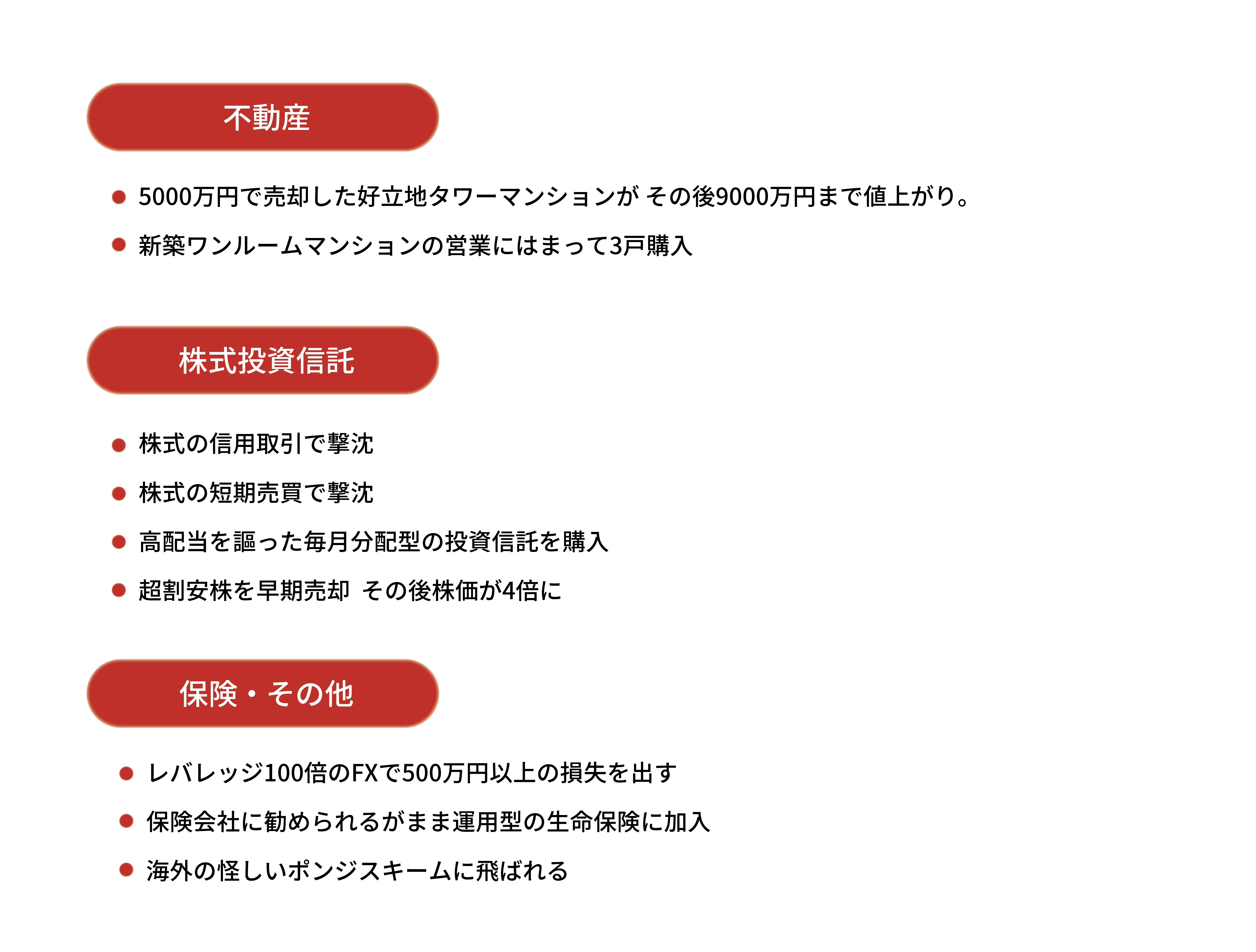 5000万円で売却した好立地タワーマンションがその後9000万円まで値上がり。新築ワンルームマンションの営業にはまって3戸購入。株式の信用取引で撃沈。株式の短期売買で撃沈。高配当を謳った毎月分配型の投資信託を購入。超割安株を早期売却、その後株価が4倍に。レバレッジ100倍のFXで500万円以上の損失を出す。保険会社に勧められるがまま運用型の生命保険に加入。海外の怪しいポンジスキームに飛ばれる